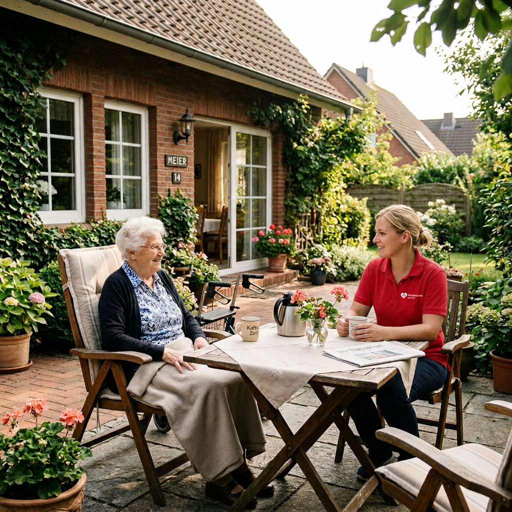Pflegerin sitzt im Garten mit Seniorin