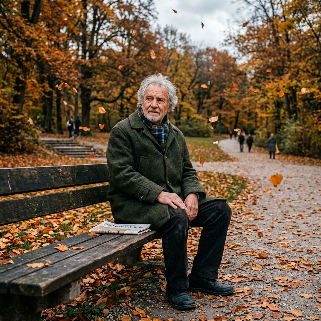 Einsamer älterer Mann, der auf einer Parkbank sitzt.
