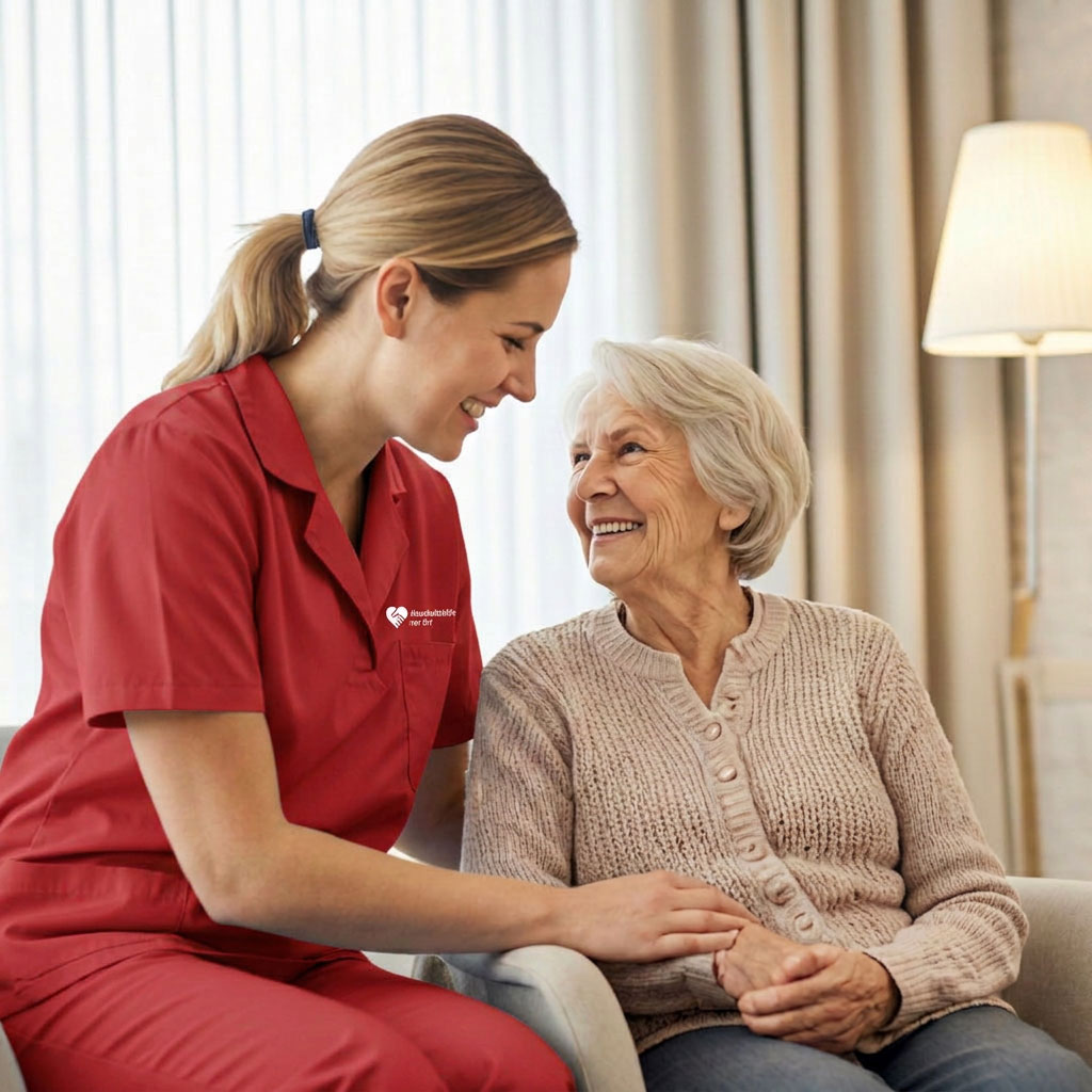 Pflegekraft und Seniorin unterhalten sich